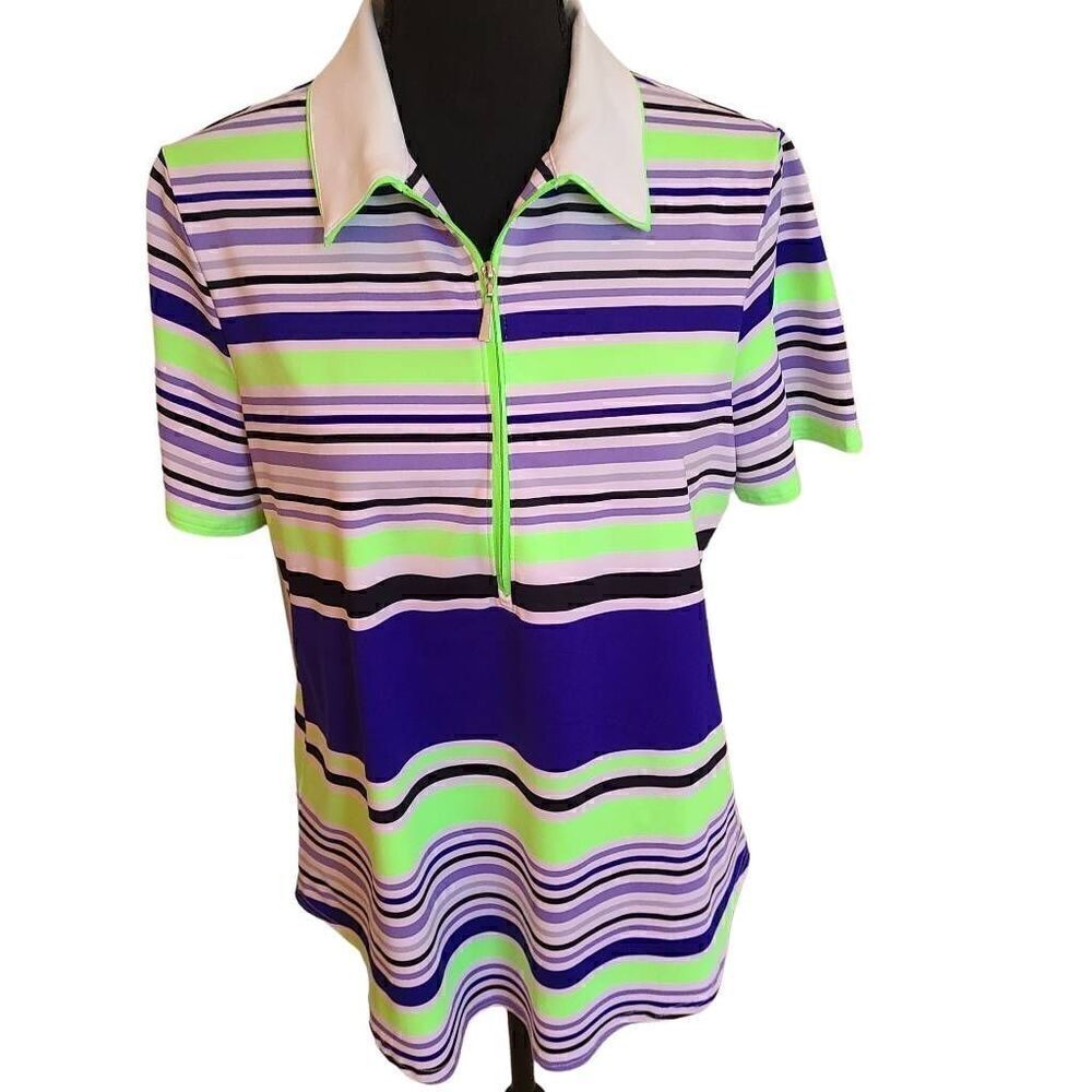 Jofit Womens Stripe Collared Half Zip Stretchable Golf Polo Multicolor Large